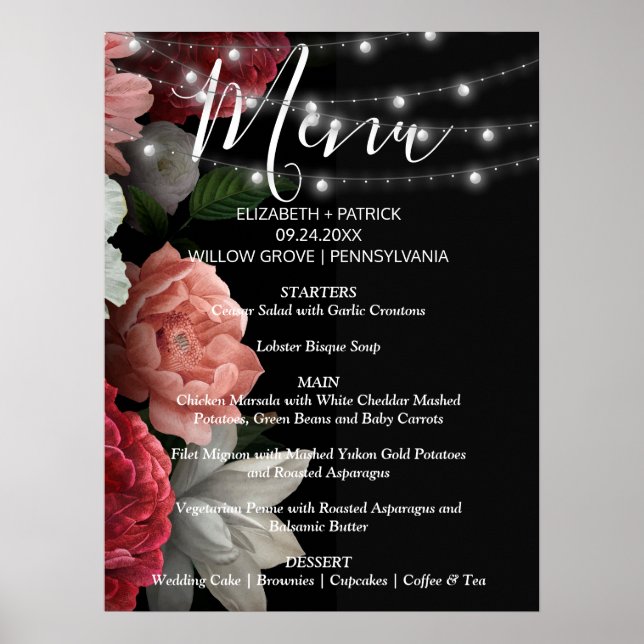 Burgundy floral string light poster (Front)