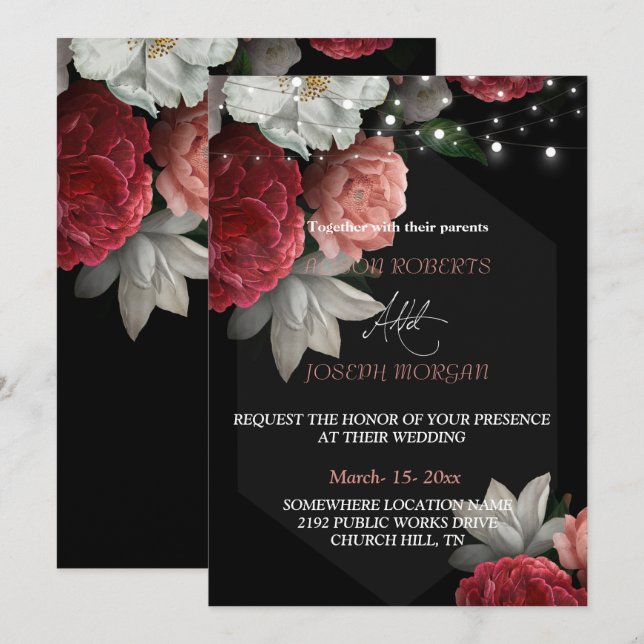  Burgundy floral string light   Wedding Invitation (Front/Back)