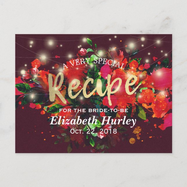 Burgundy Floral String Lights Bridal Shower Recipe Invitation Postcard (Front)