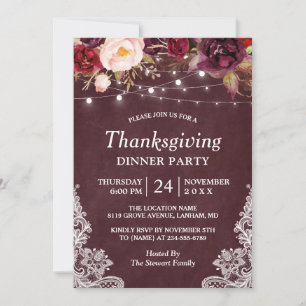 Burgundy Floral String Lights Thanksgiving Dinner Invitation