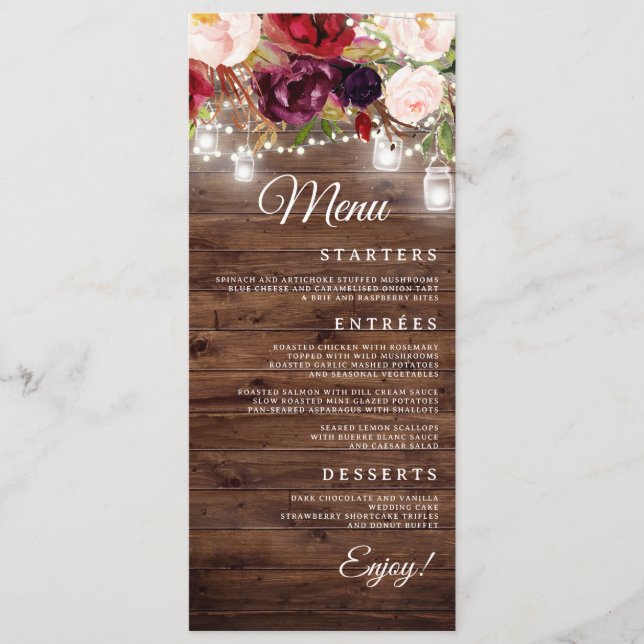 Burgundy Floral String Lights Wedding Dinner Menu (Front)