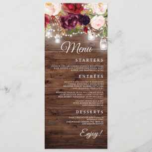 Burgundy Floral String Lights Wedding Dinner Menu