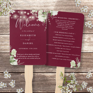 Burgundy Floral String Lights Wedding Program Hand Fan