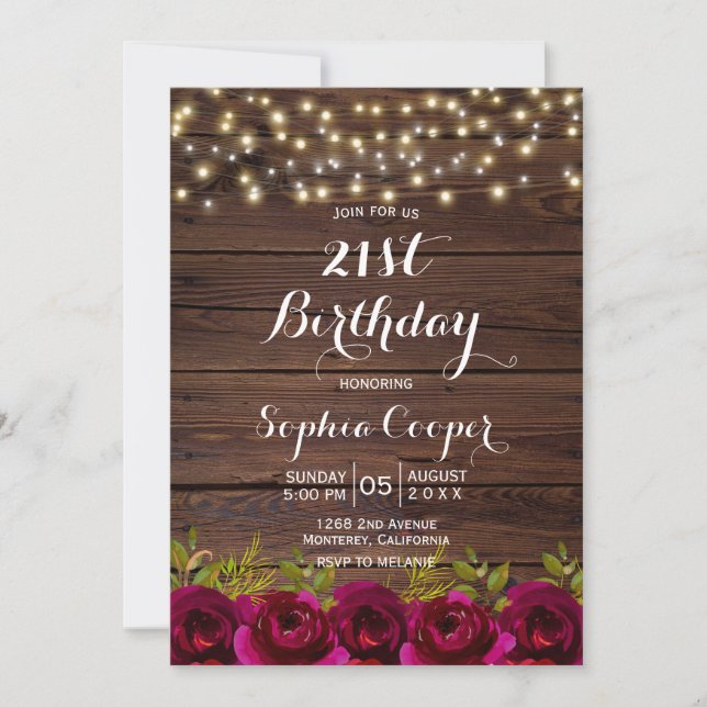 Burgundy Floral String Lights Wood 21st Birthday Invitation (Front)