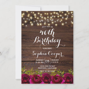 Burgundy Floral String Lights Wood 40th Birthday Invitation