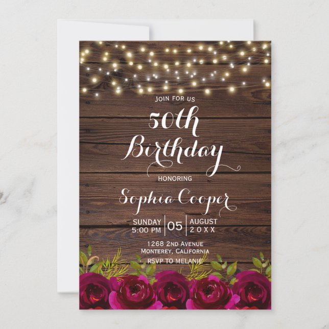 Burgundy Floral String Lights Wood 50th Birthday Invitation (Front)