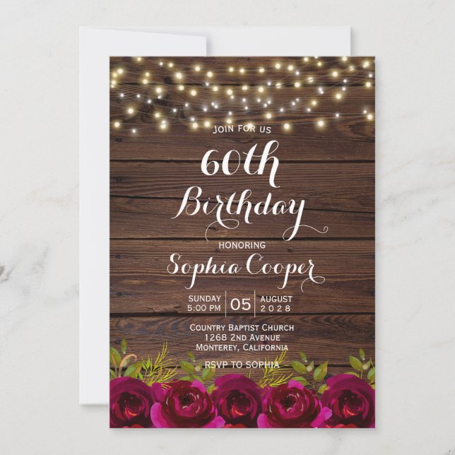 Burgundy Floral String Lights Wood 60th Birthday Invitation (Front)