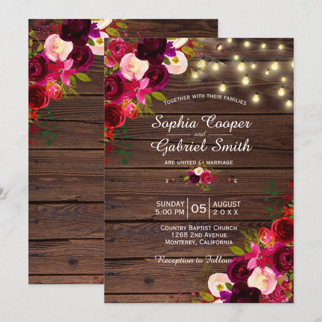 Burgundy Floral | String Lights Wood Wedding Invitation (Front/Back)