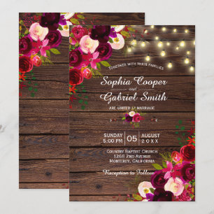Burgundy Floral   String Lights Wood Wedding Invitation