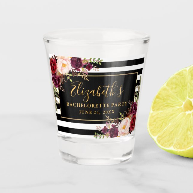 Burgundy Floral Striped Bachelorette Party Gold Shot Glass (Front)