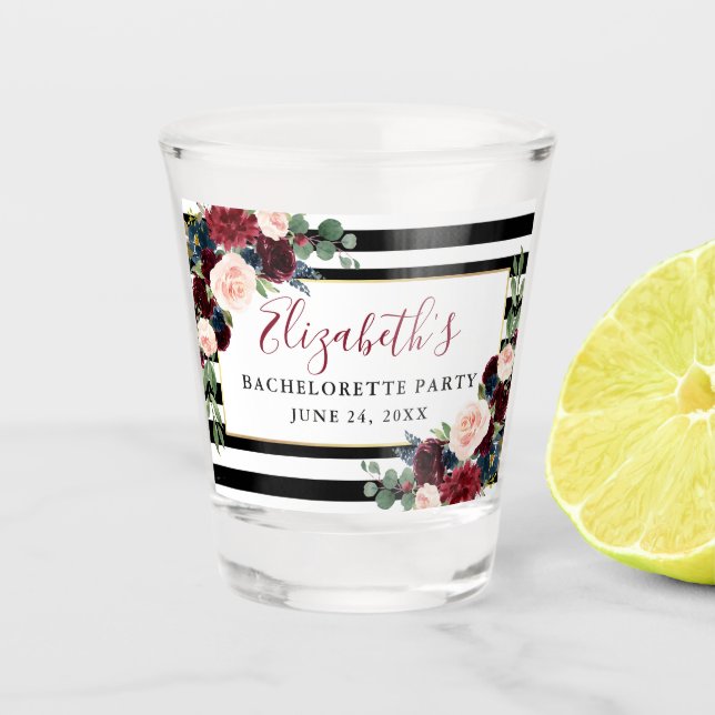 Burgundy Floral Striped Bachelorette Party Shot Glass (Front)