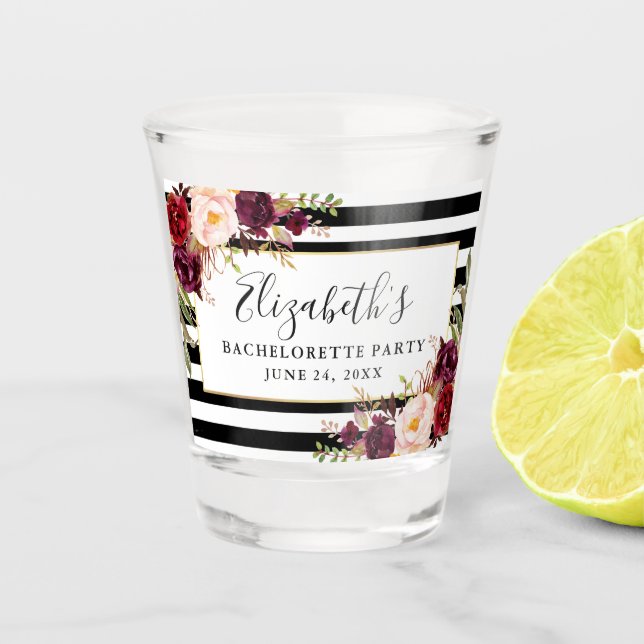 Burgundy Floral Striped Bachelorette Party Shot Glass (Front)