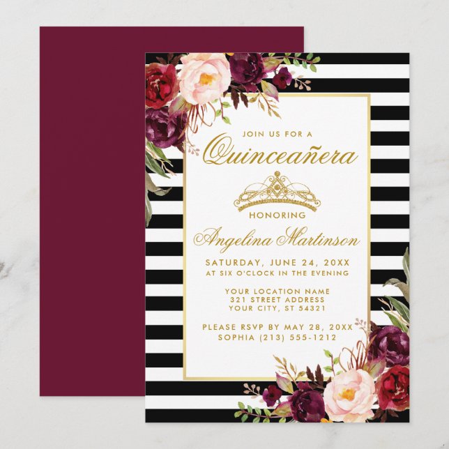 Burgundy Floral Stripes Quinceanera Gold Crown Invitation (Front/Back)