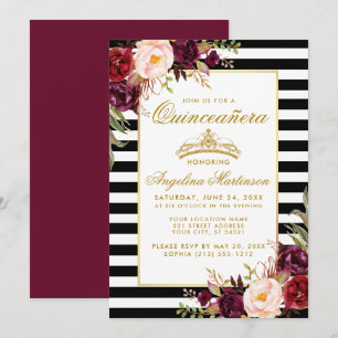 Burgundy Floral Stripes Quinceanera Gold Crown Invitation