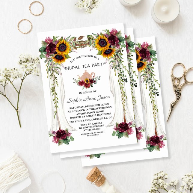 Burgundy Floral Sunflower Canopy Bridal Tea Party Invitation (#bridalteaparty #bridalshower)