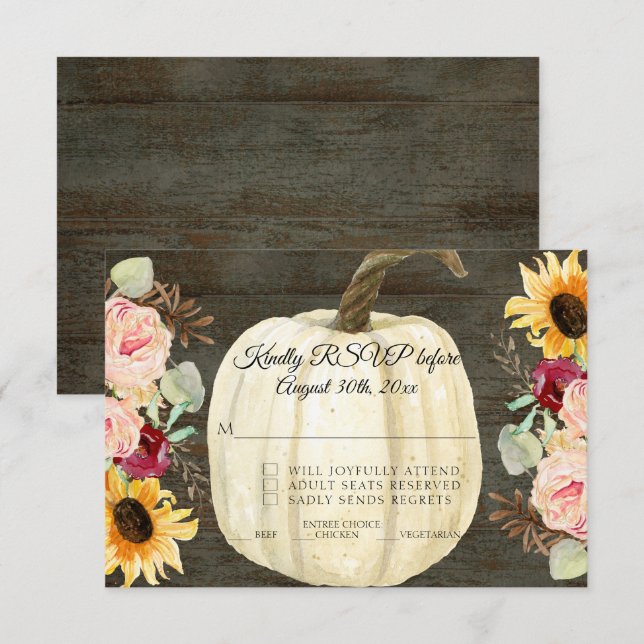 Burgundy Floral Sunflower n Pumpkin Dark Wood RSVP Invitation (Front/Back)