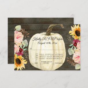 Burgundy Floral Sunflower n Pumpkin Dark Wood RSVP Invitation