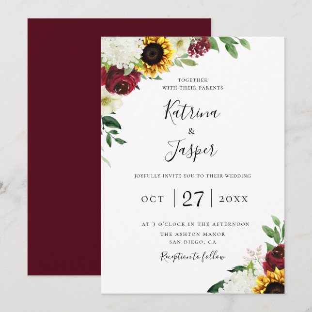 Burgundy Floral Sunflower Wedding Invitation (Front/Back)