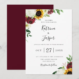 Burgundy Floral Sunflower Wedding Invitation