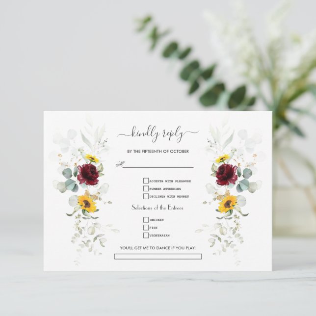 Burgundy Floral Sunflowers Airy Leaves Wedding    RSVP Card (Standing Front)
