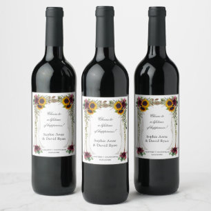 Burgundy Floral Sunflowers Canopy Wedding Wine Label