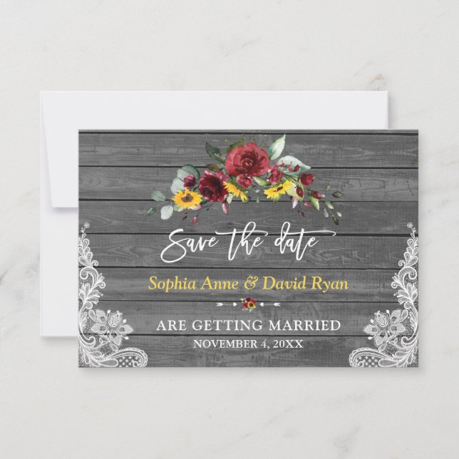 Burgundy Floral Sunflowers Grey Wood Lace Wedding Save The Date (Front)