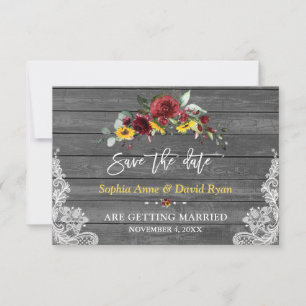 Burgundy Floral Sunflowers Grey Wood Lace Wedding Save The Date