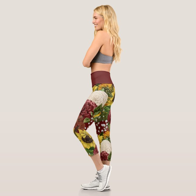 Burgundy Floral Sunflowers High Waist Yoga Capri Leggings (Left)