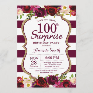 Burgundy Floral Surprise 100th Birthday Party Invitation