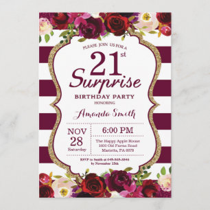Burgundy Floral Surprise 21st Birthday Party Invitation