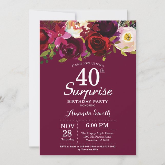 Burgundy Floral Surprise 40th Birthday Party Invitation (Front)