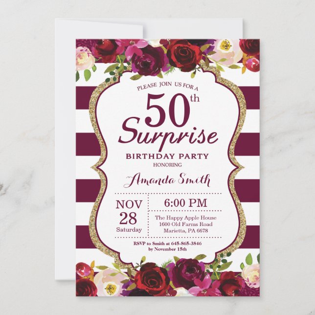 Burgundy Floral Surprise 50th Birthday Party Invitation (Front)