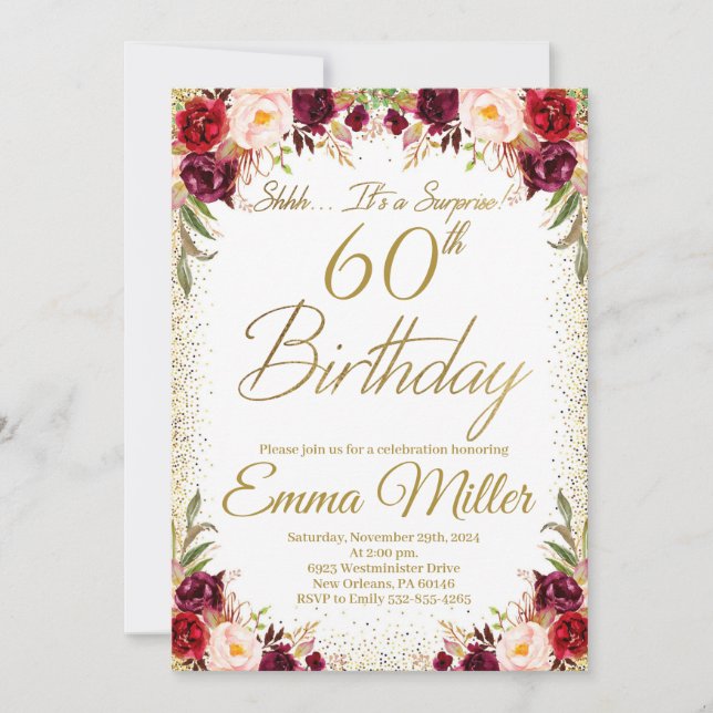 Burgundy Floral Surprise 60th Birthday Invitation (Front)