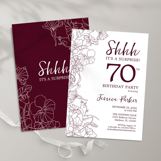 Burgundy Floral Surprise 70th Birthday Invitation (Creator Uploaded)