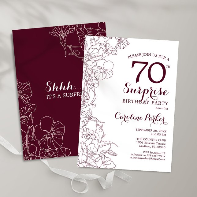 Burgundy Floral Surprise 70th Birthday Party Invitation (Creator Uploaded)