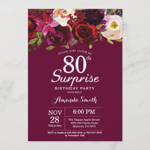 Burgundy Floral Surprise 80th Birthday Party Invitation