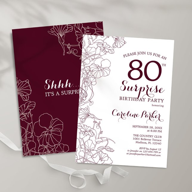 Burgundy Floral Surprise 80th Birthday Party Invitation (Creator Uploaded)