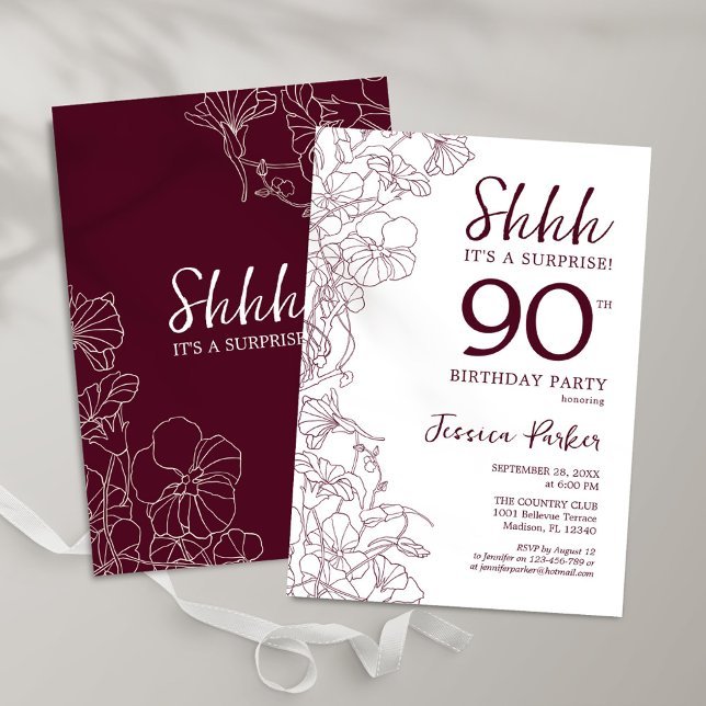 Burgundy Floral Surprise 90th Birthday Invitation (Creator Uploaded)