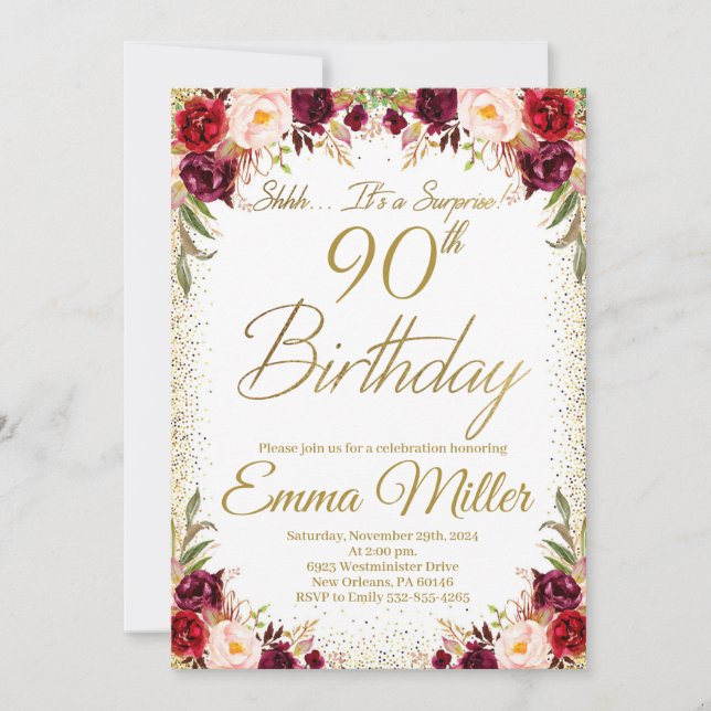 Burgundy Floral Surprise 90th Birthday Invitation (Front)