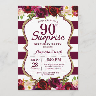 Burgundy Floral Surprise 90th Birthday Party Invitation
