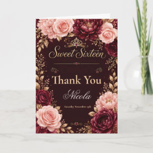 Burgundy Floral Sweet Sixteen Thank You Card