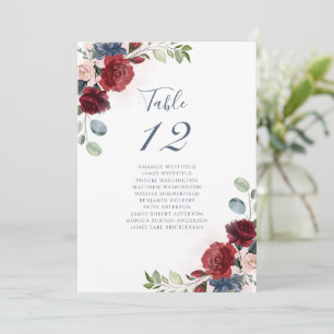 Burgundy Floral Table Number 12 Seating Chart