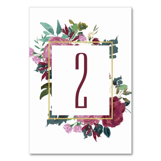 Burgundy floral table number. Maroon wedding Table Number (Front)