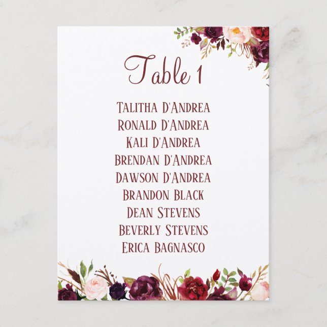 Burgundy Floral Table Seating List Enclosure Card (Front)