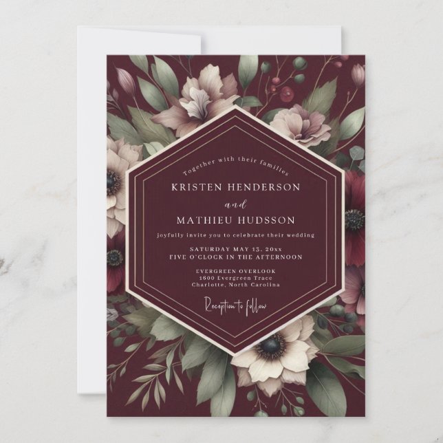 Burgundy Floral Tapestry Wedding Invitation (Front)