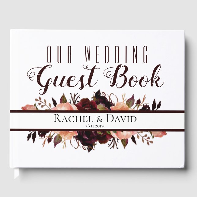 Burgundy Floral They Lived Happily After Wedding Guest Book (Front)