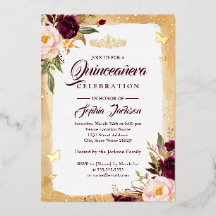 Burgundy Floral Tiara Gold Quinceanera 15th 