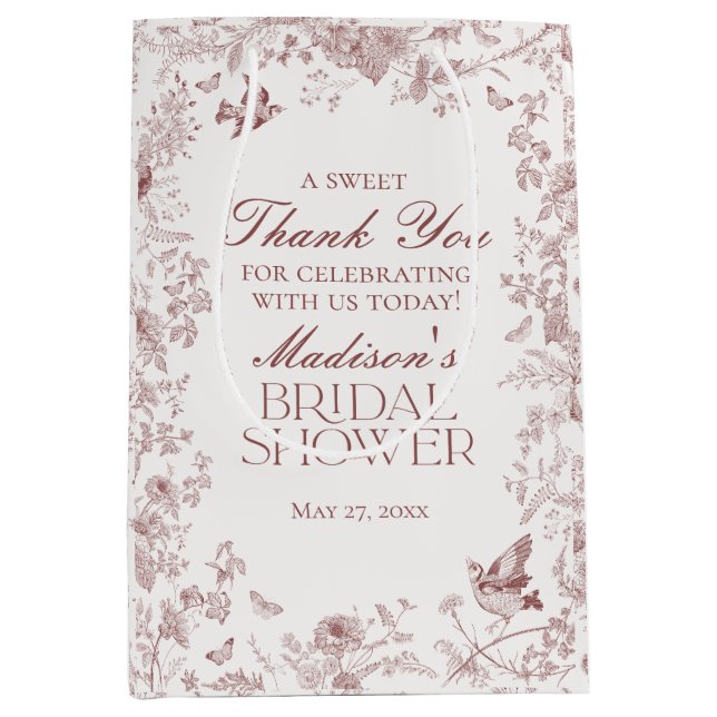 Burgundy Floral Toile De Jouy Bridal Shower Favour Medium Gift Bag (Front)
