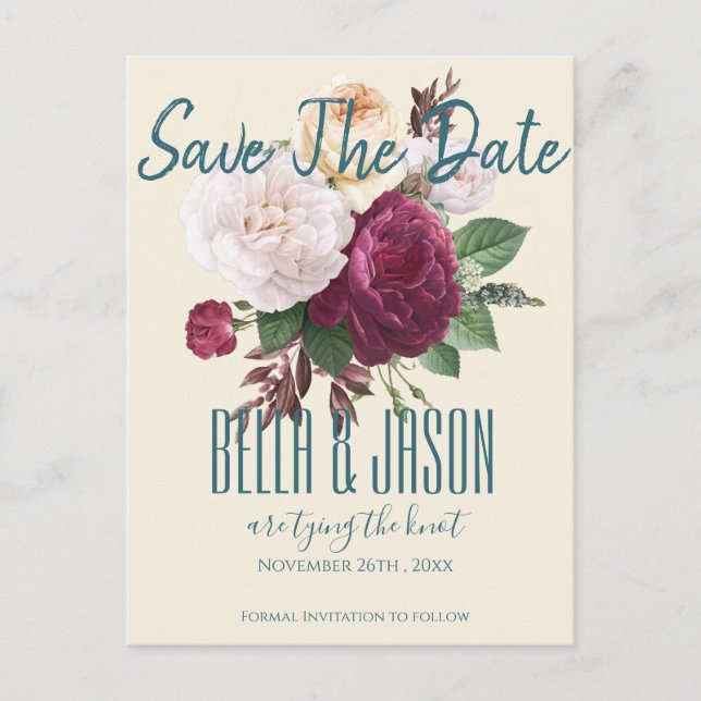 Burgundy Floral Tying The Knot Save The Date Invitation Postcard (Front)