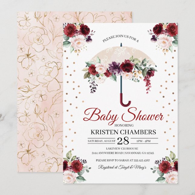 Burgundy Floral Umbrella Baby Shower Invitation (Front/Back)